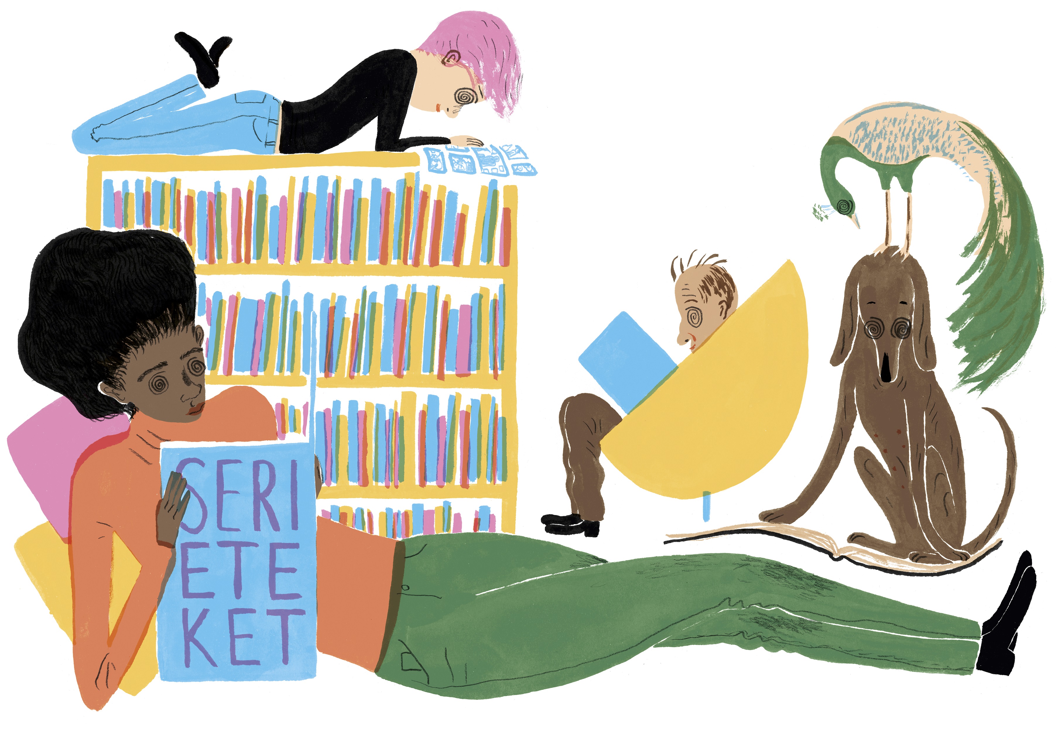 En illustration föreställandes besökare i Serieteket. 