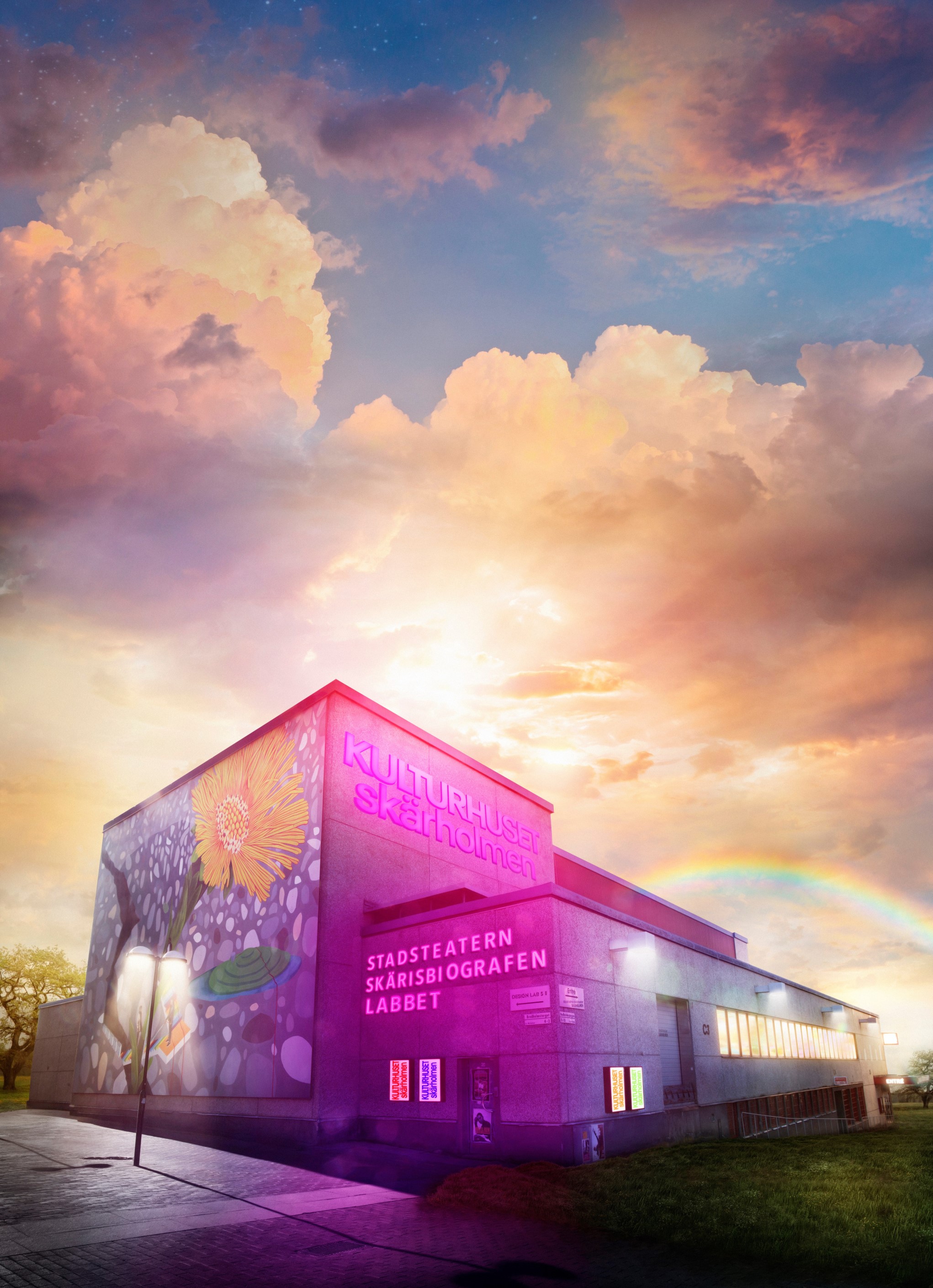 Bild på huset Kulturhuset Skärholmen med neonskyltar för bion, teatern och Labbet: Med regnbåge mot soluppgång