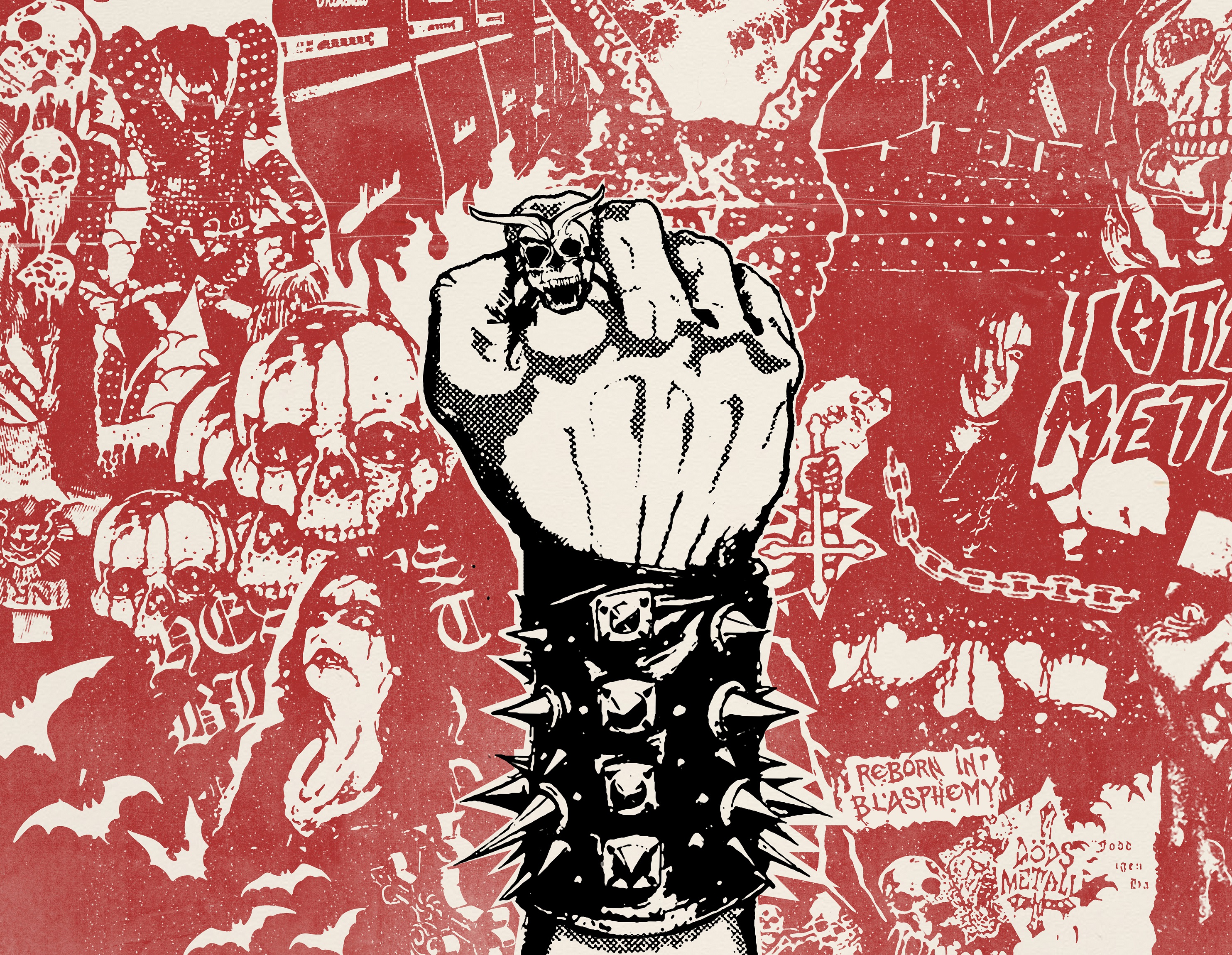En knuten näve med spikarmband sträcks mot himlen bland ett kaotiskt collage av dödskallar, eld och orden "Total Metal".