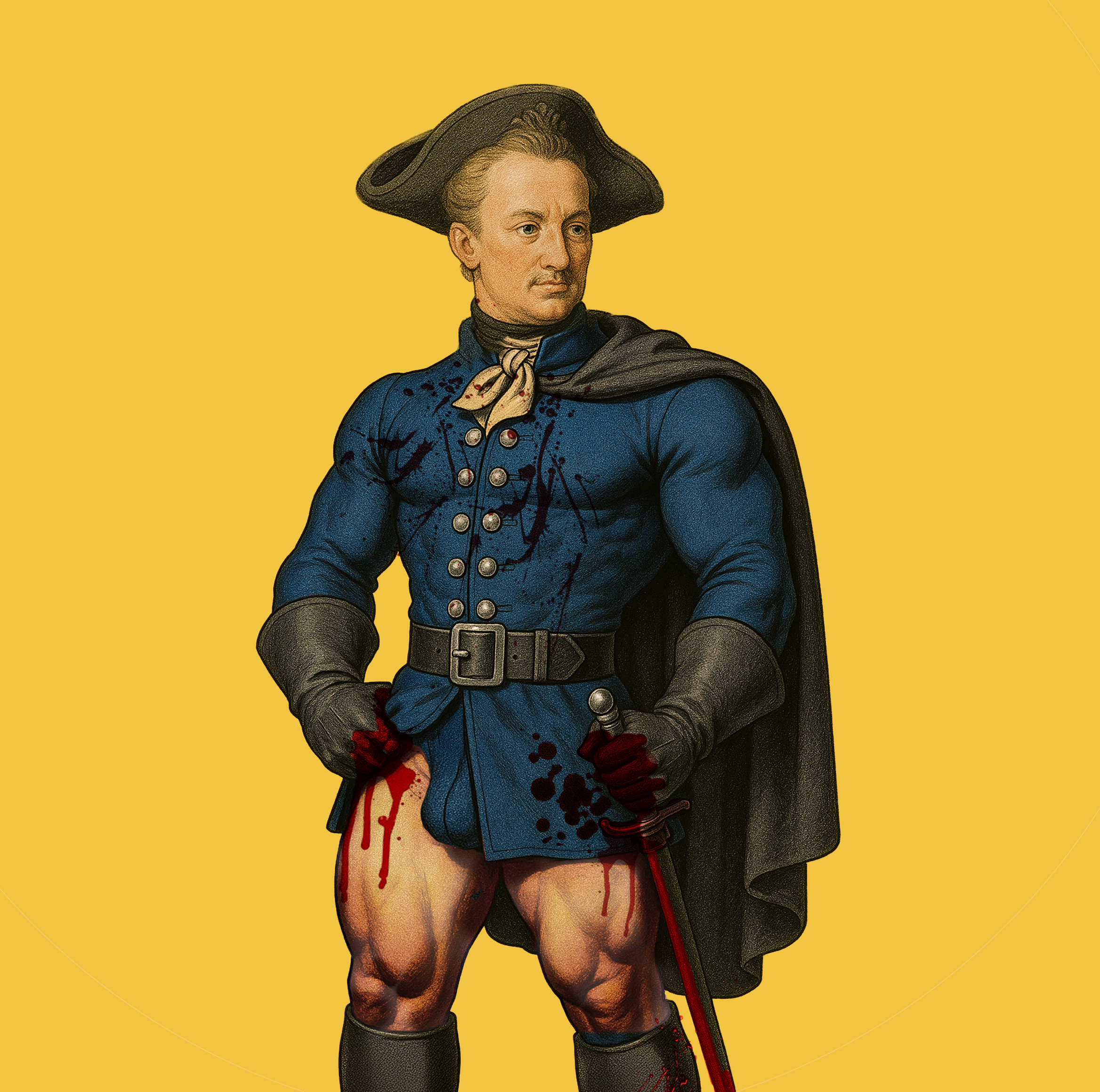 Musklig man i Karl XII-uniform med mantel och trekantig hatt, blodig på ben och skjorta, håller ett svärd.