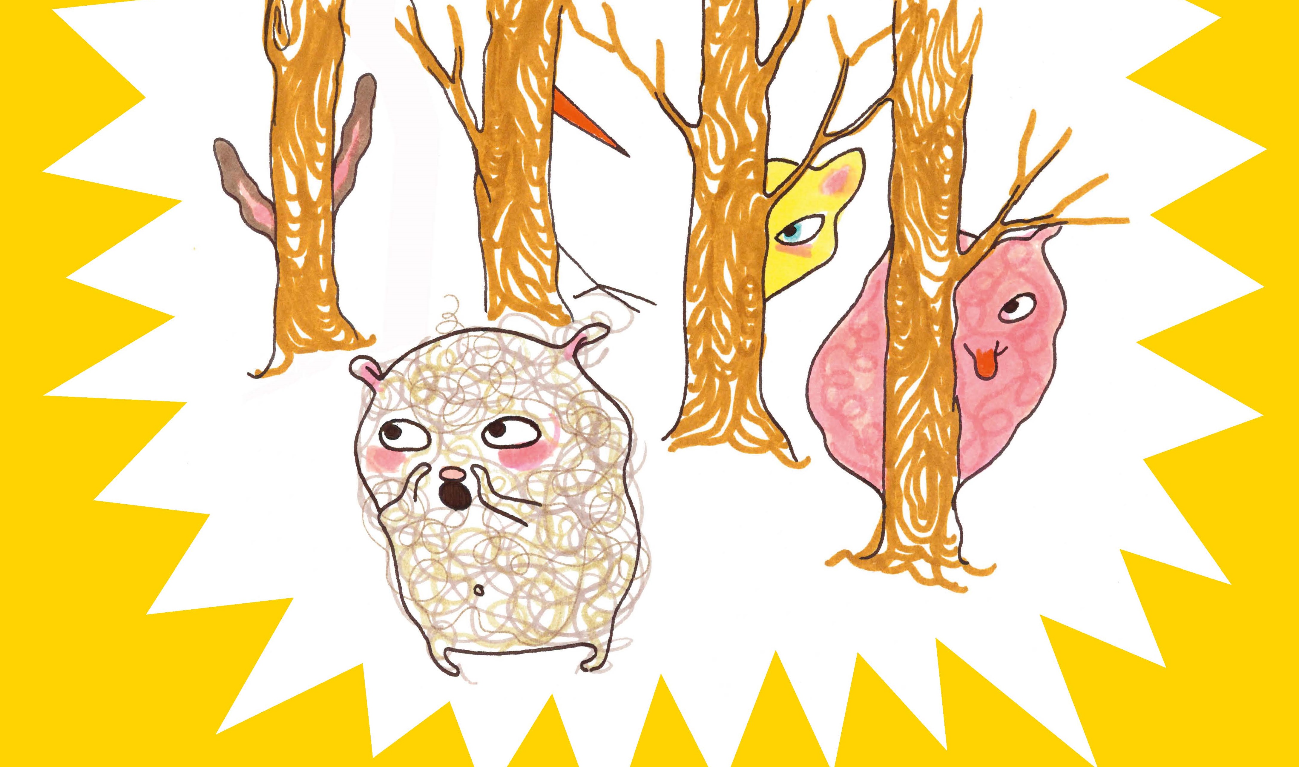 Tre tecknade sagofigurer leker kurragömma i en skog.