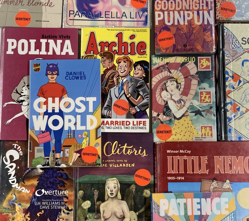 En samling med olika seriealbum. 