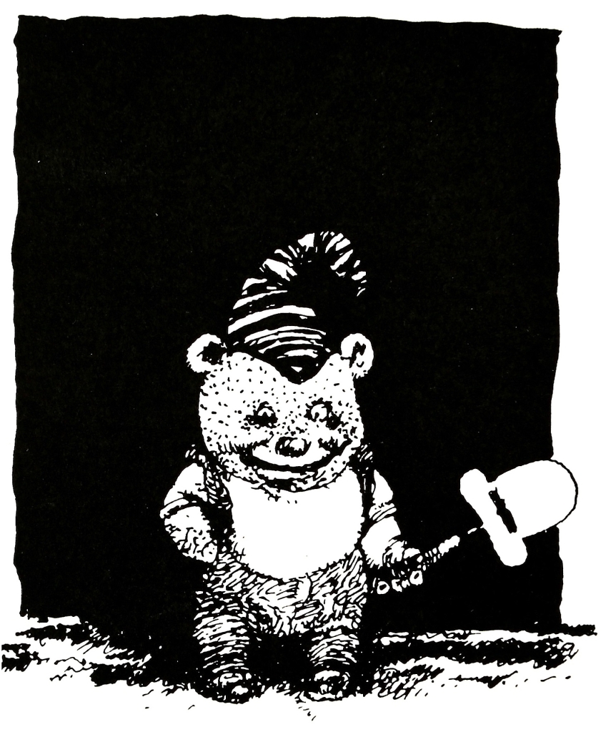 En illustration av en liten björnliknande figur som håller i en osthyvel. 