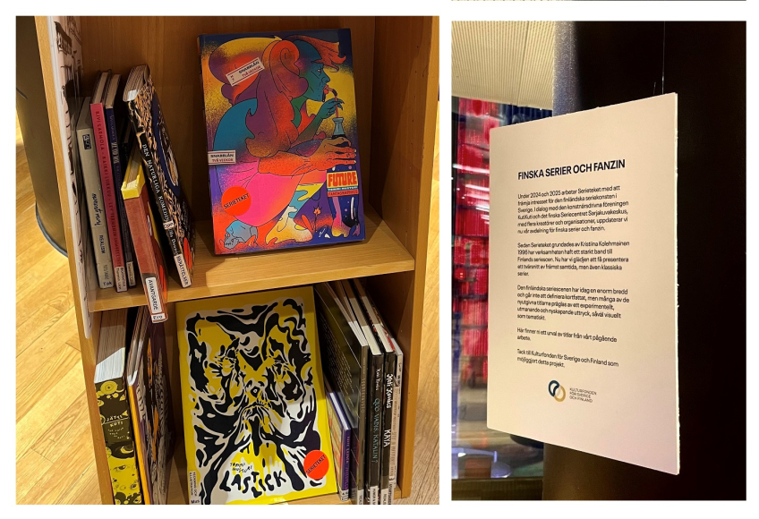 Bokhylla fylld med finska seriefanzines. En skylt till höger beskriver projektet med finska serier och fanzin på Serieteket.