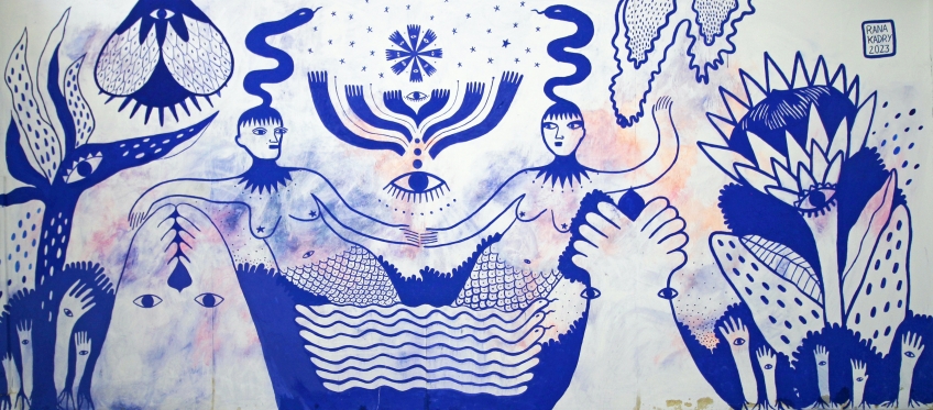 Blåvit mytologisk väggmålning