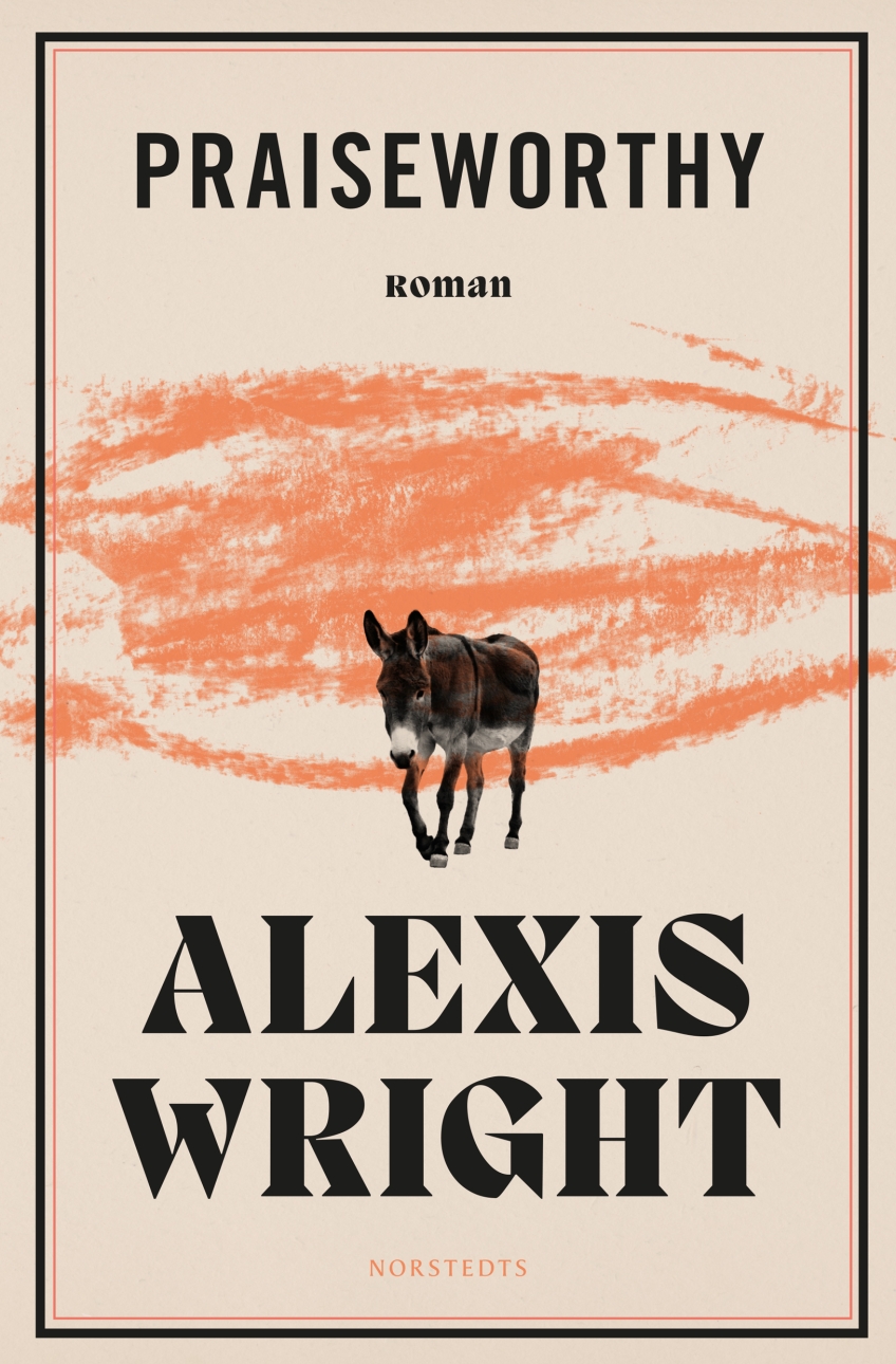 Krämfärgat omslag med en åsna framför orange kritstreck och stor svart text.