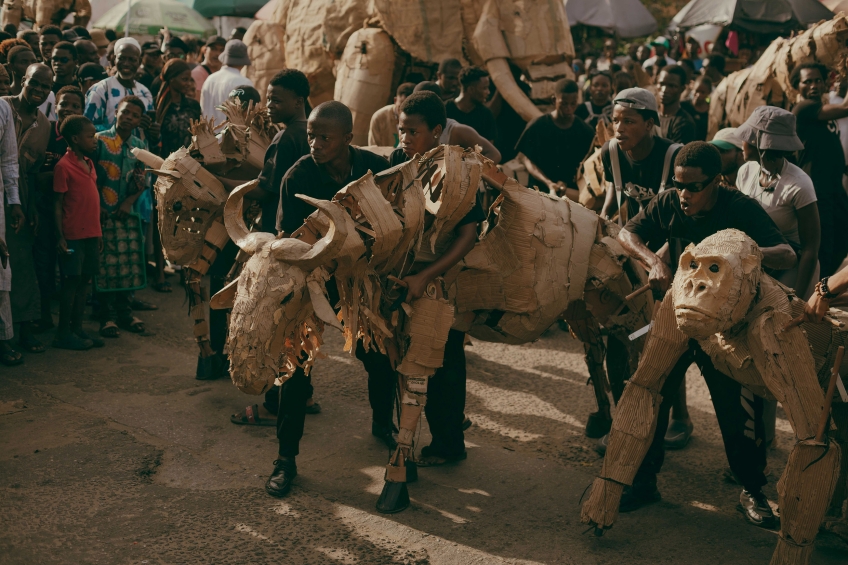 Djur av olika slag i kartong som hålls uppe av människor