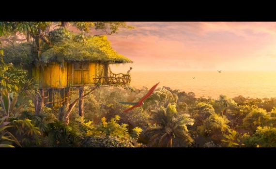 En trähydda täckt av grönska står på pålar i en tät djungel. En pojke lutar sig mot ett räcke och ser ut över havet i solnedgången. En röd papegoja flyger förbi.