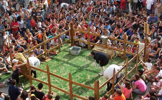 En fårhage med publik som sitter runt om den