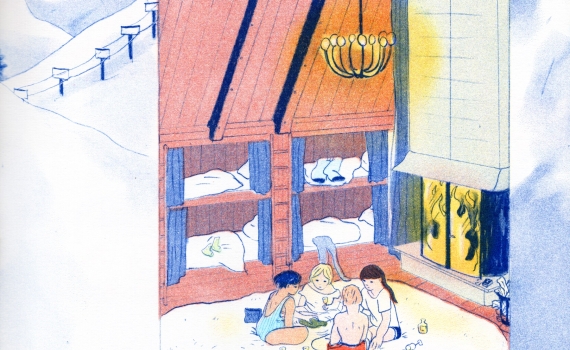 Illustrerad stuga i fjällmiljö, fyra personer sitter vid öppen spis med dryck, vin i glas syns i förgrunden.