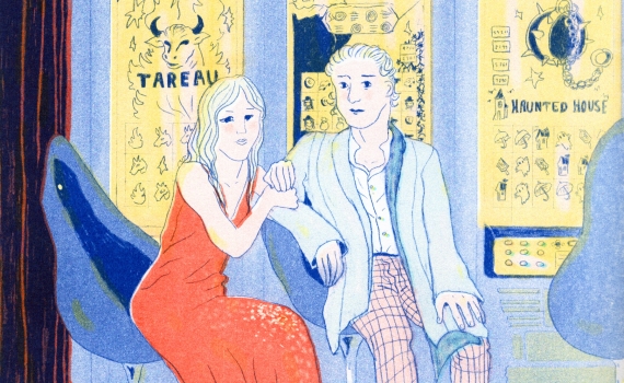 Man och kvinna sitter vid spelautomater, kvinnan bär röd klänning, mannen ljus kostym och rutiga byxor.