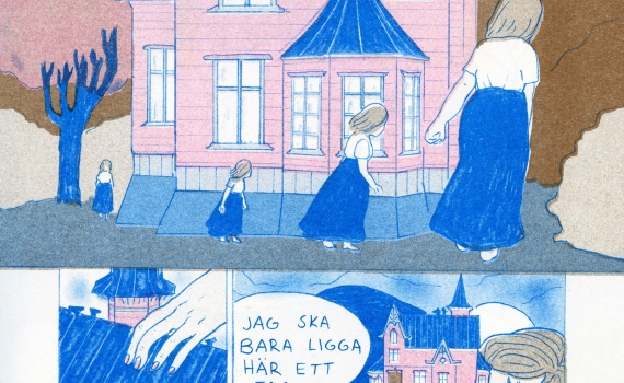 Flicka i blå kjol växer i storlek framför ett rosa hus, med texten "jag blev större och större".