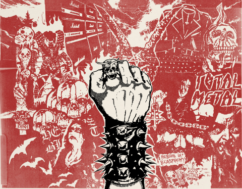 En knuten näve med spikarmband sträcks mot himlen bland ett kaotiskt collage av dödskallar, eld och orden "Total Metal".