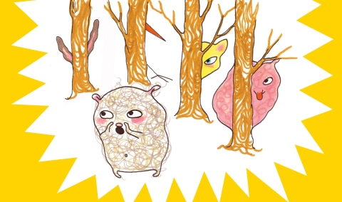 Tre tecknade sagofigurer leker kurragömma i en skog.