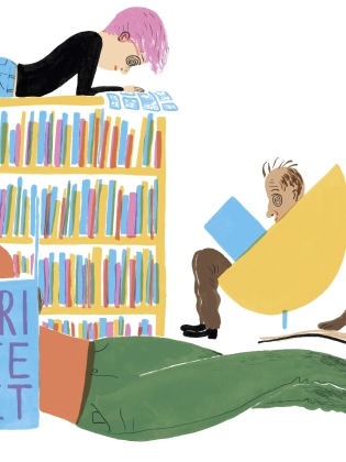 En illustration föreställandes besökare i Serieteket. 