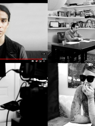 Kollage med olika skådespelare som medverkar i den digitala pjäsen Hamlet på 24 minuter. 