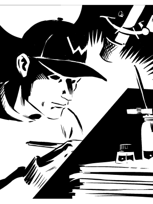 En svartvit illustration av en illustratör vid ett ritbord. 