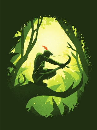 Illustration föreställandes Robin Hood sittandes på en gren med en pilbåge