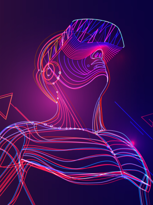En neonfärgad linjekonst av en person med VR-glasögon som ser uppåt, omgiven av geometriska former och futuristiska detaljer.