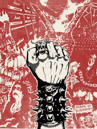 En knuten näve med spikarmband sträcks mot himlen bland ett kaotiskt collage av dödskallar, eld och orden "Total Metal".