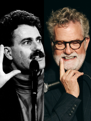 Montage med två bilder på Adde Malmberg, en svartvit från 90-talet och en nytagen i färg