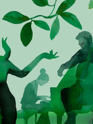 Illustration som går i grönt, en person som sjunger, en celllist och en pianist bland blandverk