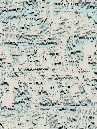 Abstrakt bakgrund med överlappande tidningstext i svart på ljusblå och beige yta.