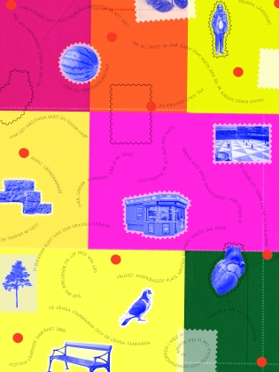 En illustration med färger och olika objekt