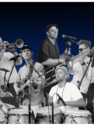 Svartvitt foto på musiker omgärdade av gröna blad