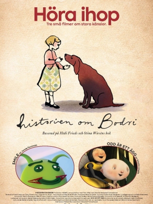 En tecknad bild på en liten flicka som leker med en brun hund.