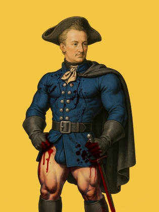 Musklig man i Karl XII-uniform med mantel och trekantig hatt, blodig på ben och skjorta, håller ett svärd.