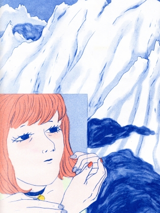 Illustrerad kvinna med rött hår i förgrunden, vita berg i bakgrunden, bild i blå och röda toner.