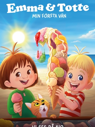 Animerad bioaffisch med en jättestor glass  på en strand.