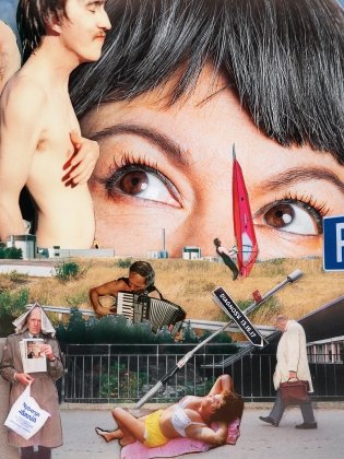 Kollage med stora ögon, halvnakna personer, musiker med dragspel och kvinna i bikini på trottoar.